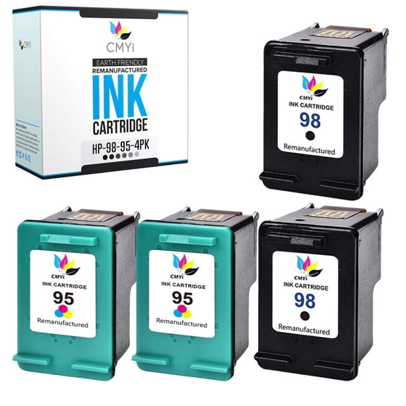 CMYi Combo Pack of Color Ink Cartridges for Printers Compatible with HP 98 and 95 - Designjet, Deskjet, Photosmart, Officejet (2 Black, 2 Tri-Color)