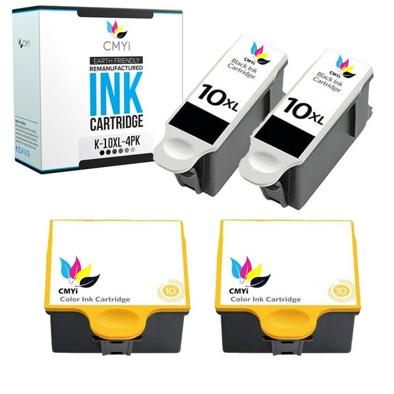CMYi 10XL Combo Pack of 4 Ink Cartridges compatible for Kodak 10XL - EasyShare  5100, 5300, 5500, ESP 3, 3200, 3250, 5, 5210, 5250, 7, 7200, 7250, 9, 9200, 9250, Office 6150 (2 Black, 2 Tri-color)