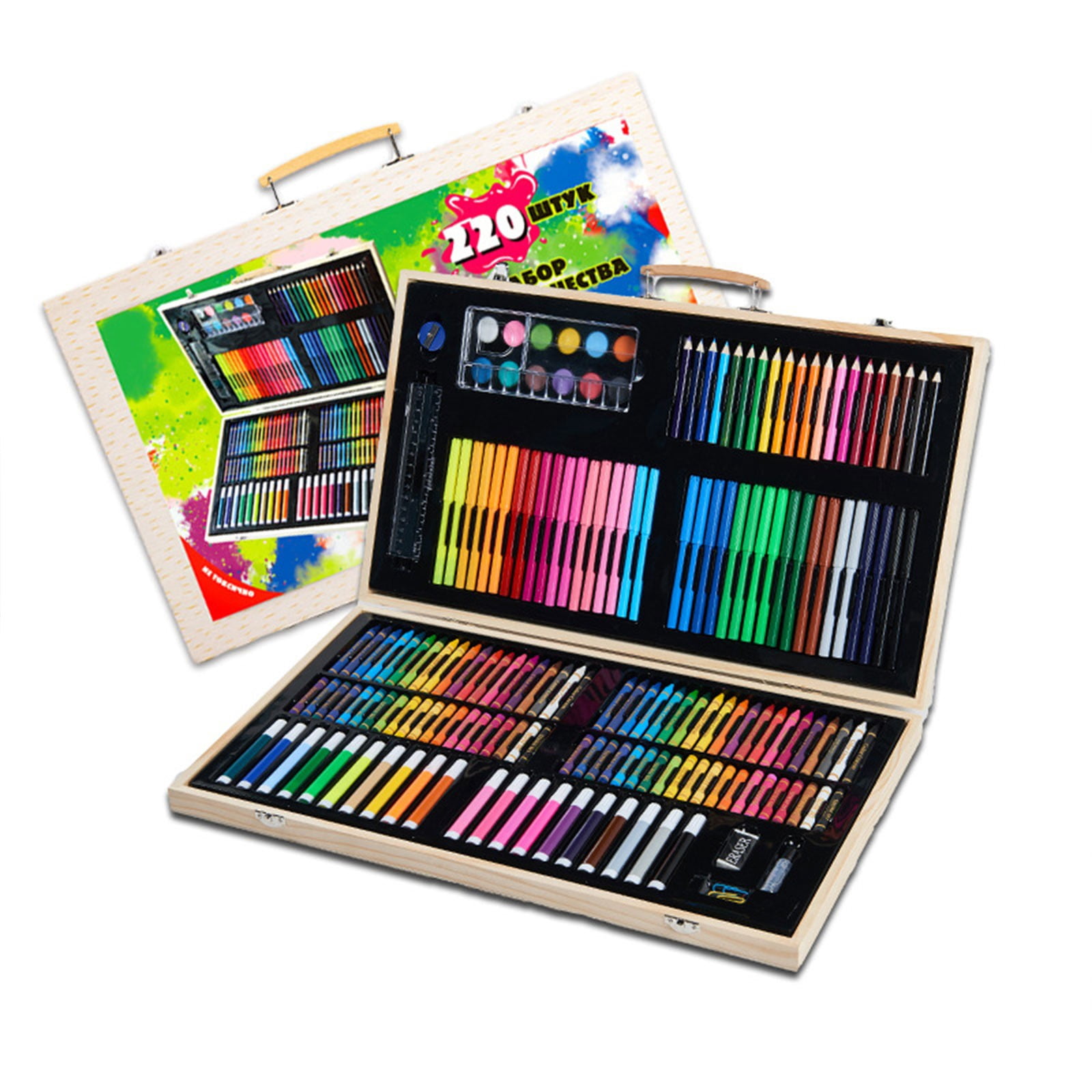 CMrtew 220-Piece Art Kit for Kids Ages 6-12, Drawing Set with Oil Pastels, Crayons, Watercolor Cakes - Art Supplies Gift Case for Boys Girls (6-8 8-12 Year Old)