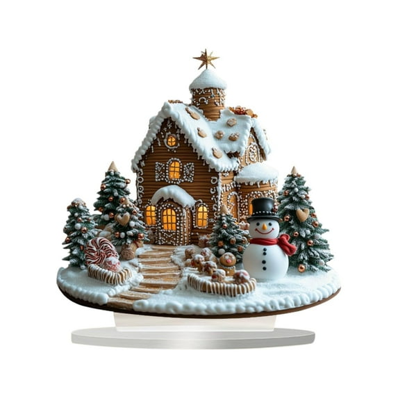 CMrtew Christmas 2D House Ornament Acrylic Holiday Cabin Decor with Base | Special Shape Tabletop Art for Home, Desktop, Shelf Display | Festive Winter Village Decoration