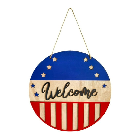 CMrtew Patriotic Wooden Wreath 4th of July Door Hanging Decor with Red White & Blue Bow Front Porch Welcome Sign for Independence Day, Memorial Day, Veterans Day