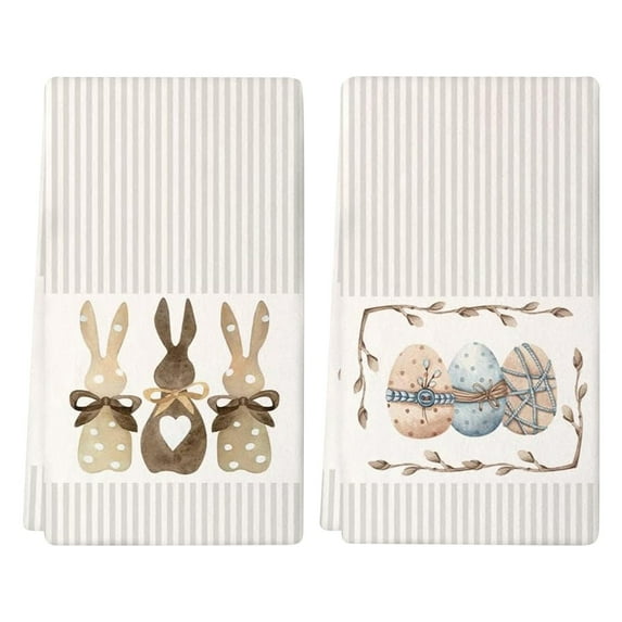 CMrtew Rabbit Bunny Easter Eggs Kitchen Dish Towels, 16x24 Inch Cute Hand Towel, Colorful Stripe Seasonal Kitchen Towels, 2 Pack Spring Decoration Tea Towels for Kitchen Bathroom