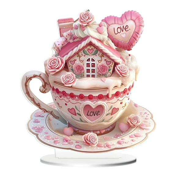 CMrtew Valentine's Day Heart Cup Decor 3D Acrylic Cake Topper & Desktop Ornament for Weddings, Anniversaries, Parties Centerpiece Decoration