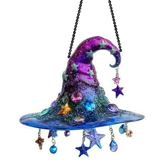 CMrtew Witch Hat Hanging Ornament Glitter Star & Gem Acrylic Pendant for Halloween, Gothic Room Decor (Magical Boho Charm, Handmade)