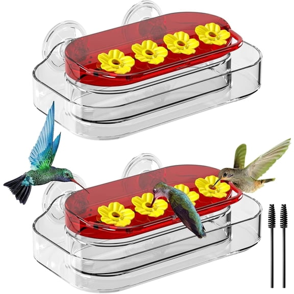 CN 2 Pack Window Hummingbird Feeder, Strong Suction Cup Hummingbird Feeder with 4 Feeding Ports, Easy to Clean and Refill Plastic Humming Bird Feeder, 10oz