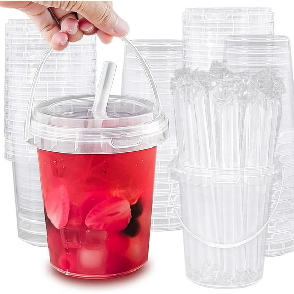 CN 30 Sets - 34 oz Plastic Cups with Lid and Straw,Disposable Coffee Cups with Lids for Iced Coffee,Smoothie,Milkshake,Cold & Hot Drinks, Sturdy/Food Safe/Reusable Clear Party Cups for Pool