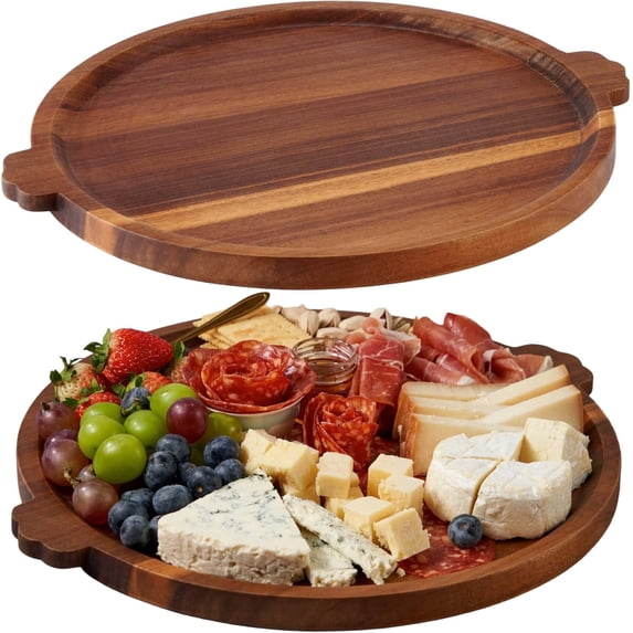Cnshop 13" Round Acacia Wood Serving Tray with Handles, Decorative Coffee Table Tray and Cheese Board