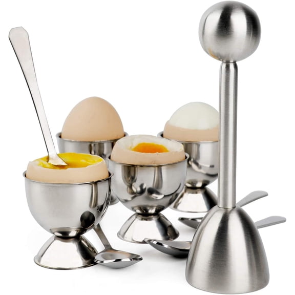CN Egg Cracker Topper Set Soft Hard Boiled Eggs Separator Holder Include 4 Egg Spoons and 4 Egg Cups 1 Shells Remover Top Cutter Stainless Steel for Breakfast Kitchen Tool