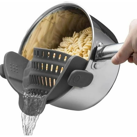 CN Kitchen Gizmo Snap N' Strain - Silicone Pasta Strainer Clip-On for Pots and Pans - Heat Resistant Colander for Vegetables and Noodles - Kitchen Gadgets for Cooking - Space-Saving Design - Gray
