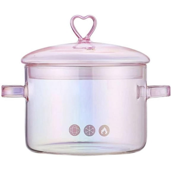 CN Pink Glass Saucepan with Lid and Handle, 1.5L/50oz Glass Cooking Pot, Glass Cooking Saucepan Safe for Pasta Noodle, Soup, Milk, Baby Food