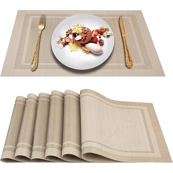 CN Placemats Set of 6, Linen Look Woven Place Mats, Water Resistant, Heat Resistant, Washable, Durable Table Mats (Beige)
