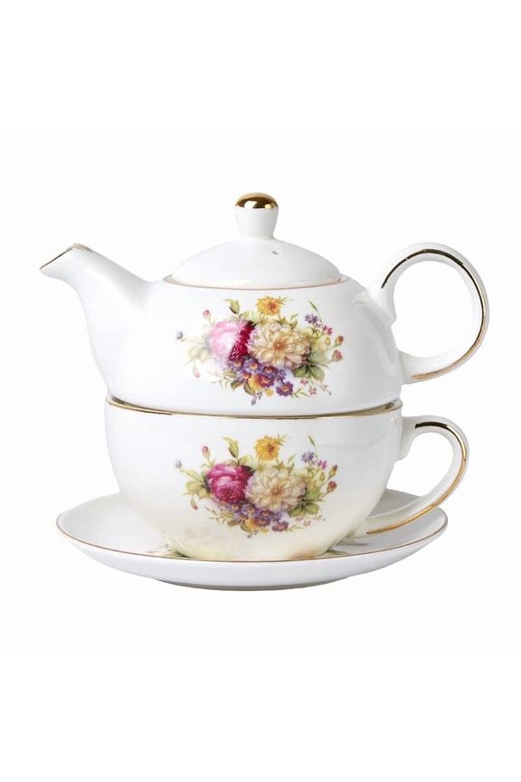 Cnshop Porcelain Tea for One Set, Floral Teapot & Cup with Saucer, Butterfly Blue Design