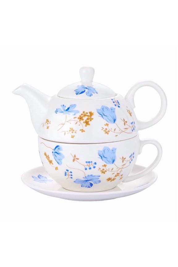 Cnshop Tea for One Porcelain Teapot & Cup Set, Floral Orchid Design Tea Set, 3-Piece with Saucer, Gift for Women