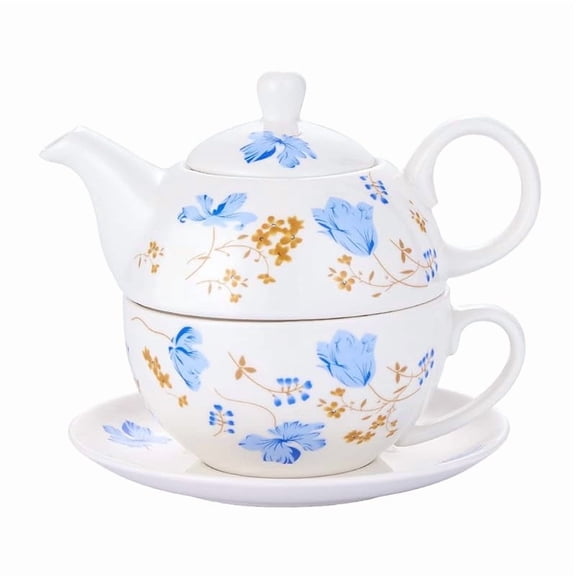Cnshop Tea for One Porcelain Teapot & Cup Set, Floral Orchid Design Tea Set, 3-Piece with Saucer, Gift for Women