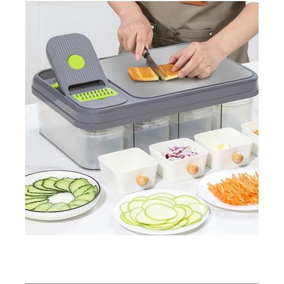 CN Vegetable Chopper and Storage Container Set, Multi-Function Food Dicer with 4 Storage Compartments, Stainless Steel Cutting Board
