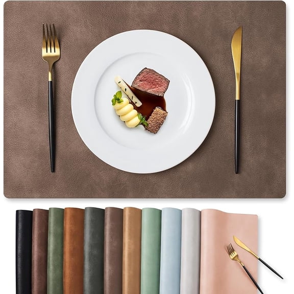 CN Vinyl Placemats Set of 6-12 x 17 Inch - Practical Gift, Winter Faux Leather 100% Waterproof Wipeable PU Place Mats, Heat Resistant Table Mats for Kitchen, Dining, Outdoor (Reddish Brown)