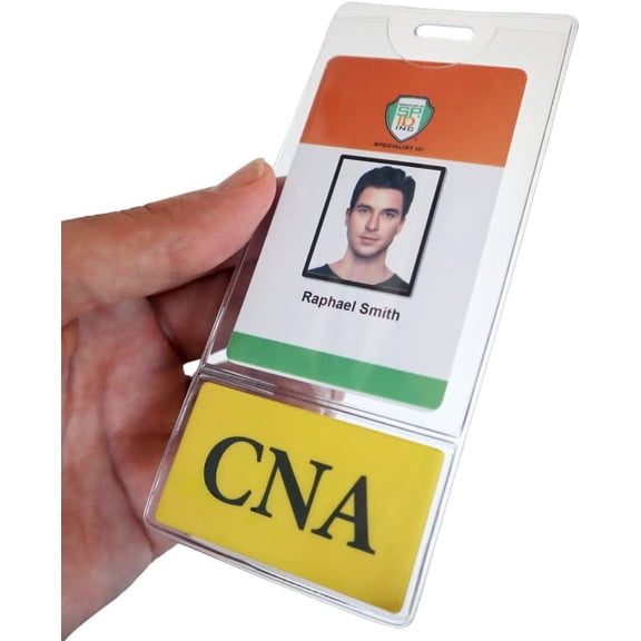 CNA BadgeBottom Vertical Badge Buddy & ID Holder Combo - Heavy Duty 2 in 1 Badge Bottom I’D Protector Nursing Accessories - USA Printed Double Sided Role Card Clear Sleeve by Specialist ID (Yellow)