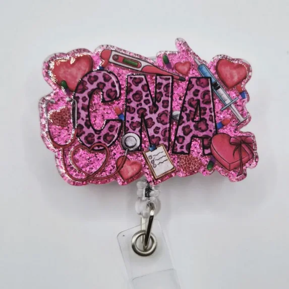 Fun Technology Badges CNA Certified Nursing Assistant Dark Pink Glitter Acrylic Retractable ...