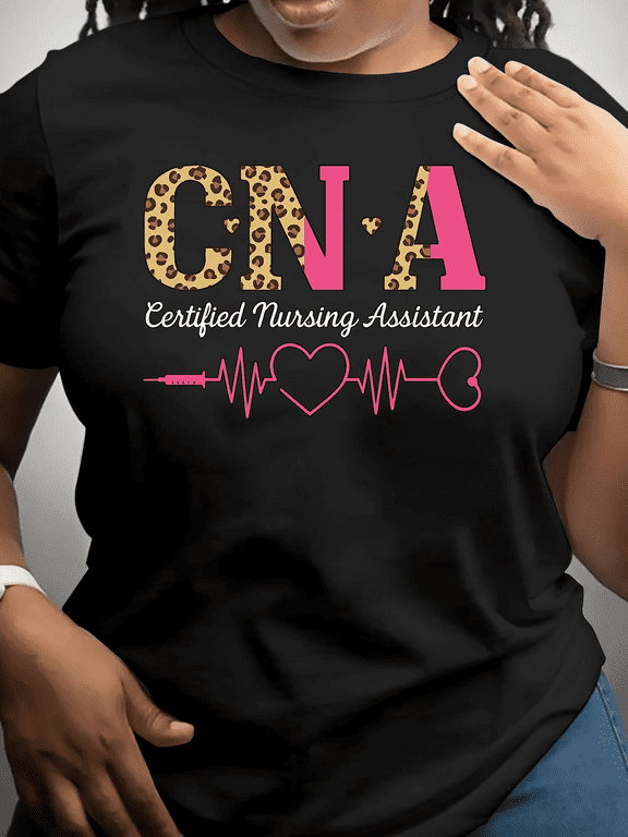CNA Certified Nursing Assistant Leopard Print Graphic Tee for Men Women, Cute Nursing Assistant Short Sleeve T-Shirt, Casual Crew Neck Top for CNA Gift