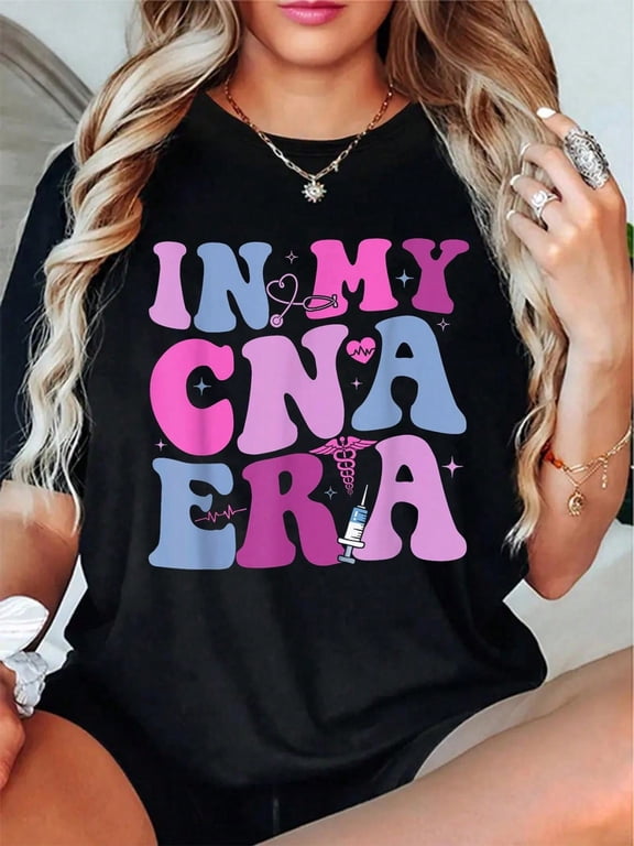 In My CNA Era Funny Groovy CNA Life Nurse Life T-Shirt - 100% Cotton Short Sleeve, Summer & Spring Essential - Women's Clothing Printed Graphic Tee For T-Shirt Lovers