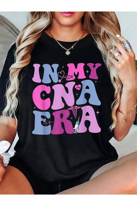 In My CNA Era Funny Groovy CNA Life Nurse Life T-Shirt - 100% Cotton Short Sleeve, Summer & Spring Essential - Women's Clothing Printed Graphic Tee For T-Shirt Lovers