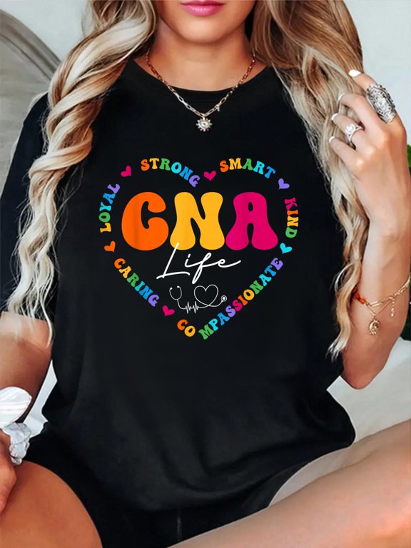 CNA Life Appreciation Gifts Ideas Cute Nurse Appreciation Women's Black Multicolor T-Shirt casual short sleeve crew neck cotton tee tops for women