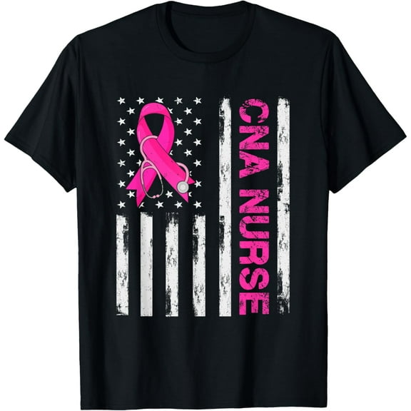 CNA Nurse American Flag Breast Cancer Awareness Pink Ribbon T-Shirt