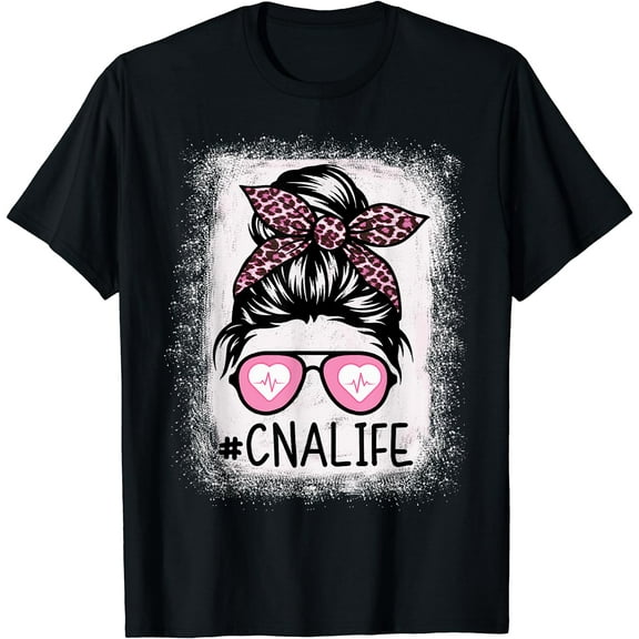 CNA Nurse Life Bleached Shirts Pink Leopard Messy Bun Womens T-Shirt