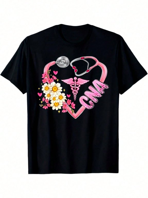 CNA Pink Heart Stethoscope Daisy Print Short Sleeve Tee Nurse Crew Neck Top