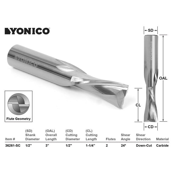 CNC Router Bit Low Helix Down Cut 1/2" X 1-1/4" X 1/2" X 3" - YONICO 36261-SC