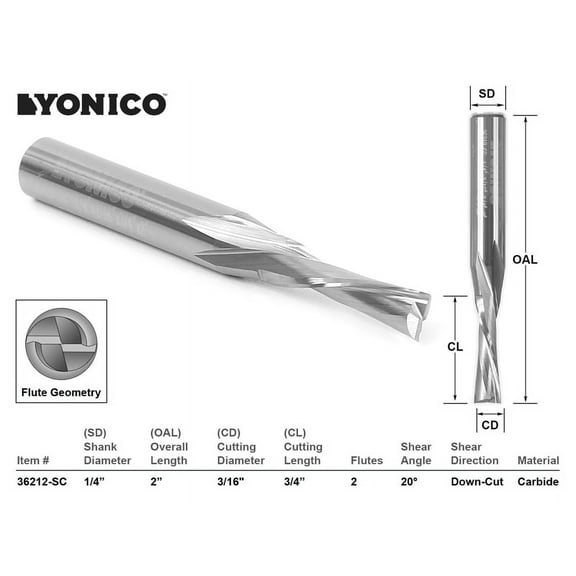 CNC Router Bit Low Helix Down Cut 2 Flute 3/16" Dia. X 3/4"- Yonico 36212-SC