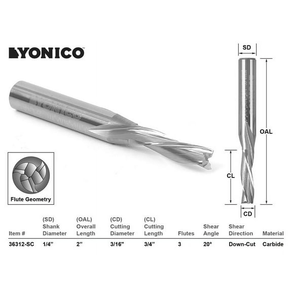CNC Router Bit Low Helix Down Cut 3 Flute 3/16" Dia. X 3/4"- Yonico 36312-SC