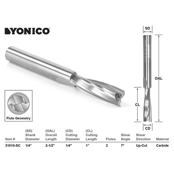 CNC Router Bit Low Helix Up Cut 1/4" X 1" X 1/4" X 2-1/2" - YONICO 31010-SC