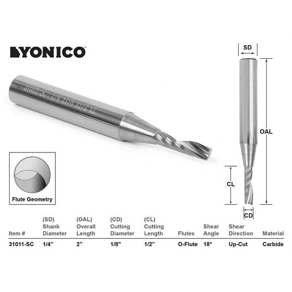 CNC Router Bit O-Flute Up Cut Solid Carbide 1/8" X 1/2" - YONICO 31011-SC