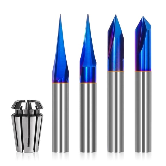 CNC Wood Carving Router Bits Set 1/4 Shank 15 Detail Carving Liner+ 20 Profile Bit+ 60 & 90 V Groove Router Bits 1/4 Shank with Nano Blue Coated, for CNC Engraving and Chamfering