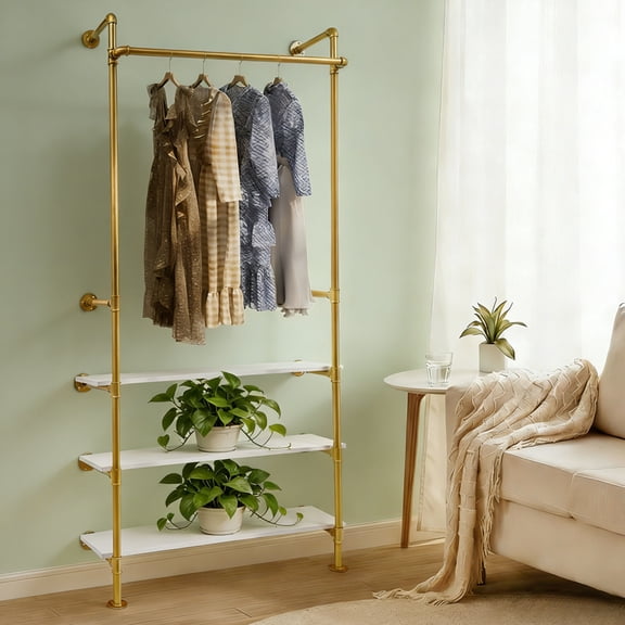 CNCEST 3 Shelfs Freestanding Garment Rack Gold Metal Clothes Display Stand Golden