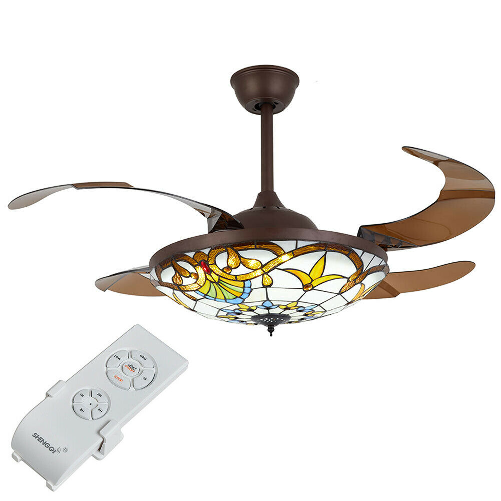 Tiffany Style 42" Retractable Ceiling Fan with Lights and Remote