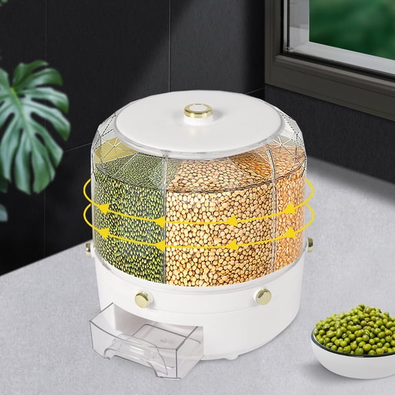 CNCEST 6-in-1 Rotating Grain Dispenser - Moisture & Insect Proof Kitchen Storage Container for Rice, Cereal, Nuts & More - Modern Minimalist Design, White