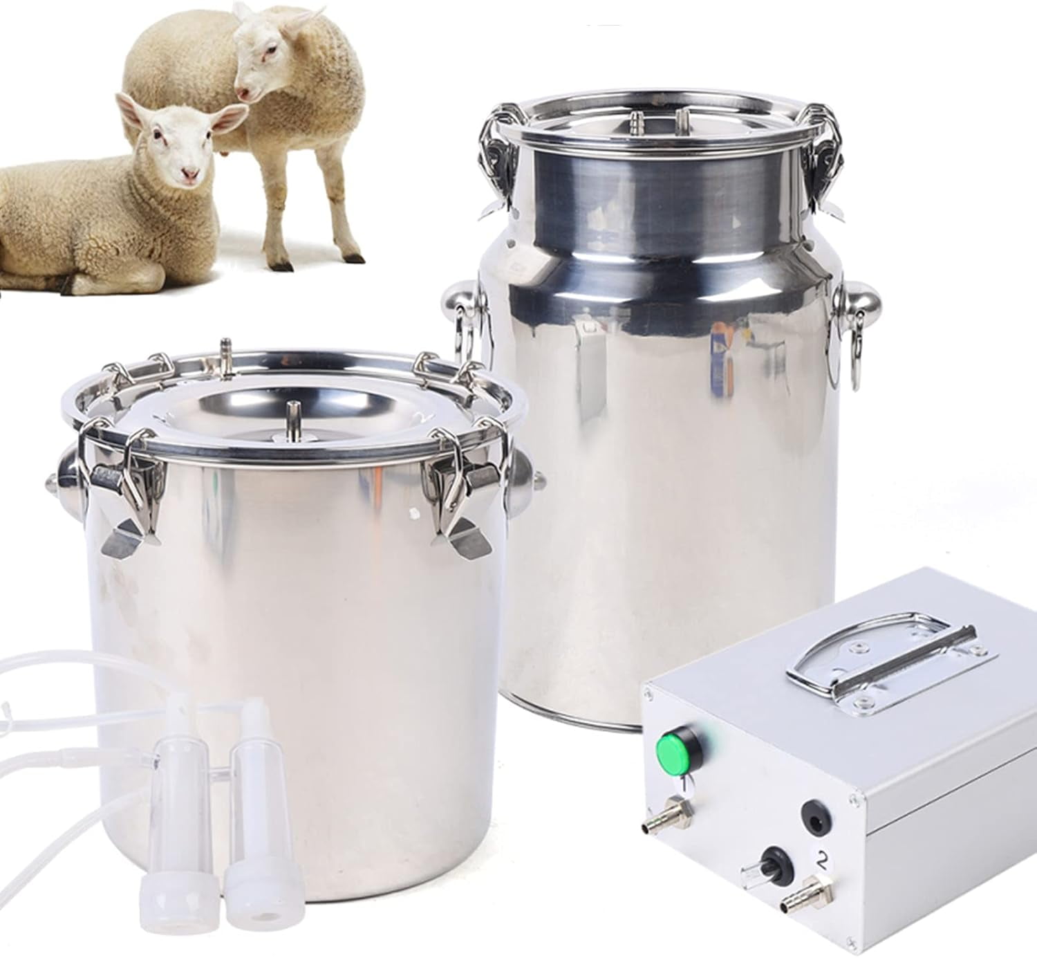 CNCEST Electric Dual Head Goat Milking Machine Portable Pulsation Milking Machine Piston Vacuum Pump Stainless Steel Milking Equipment 5L/1.32Gal