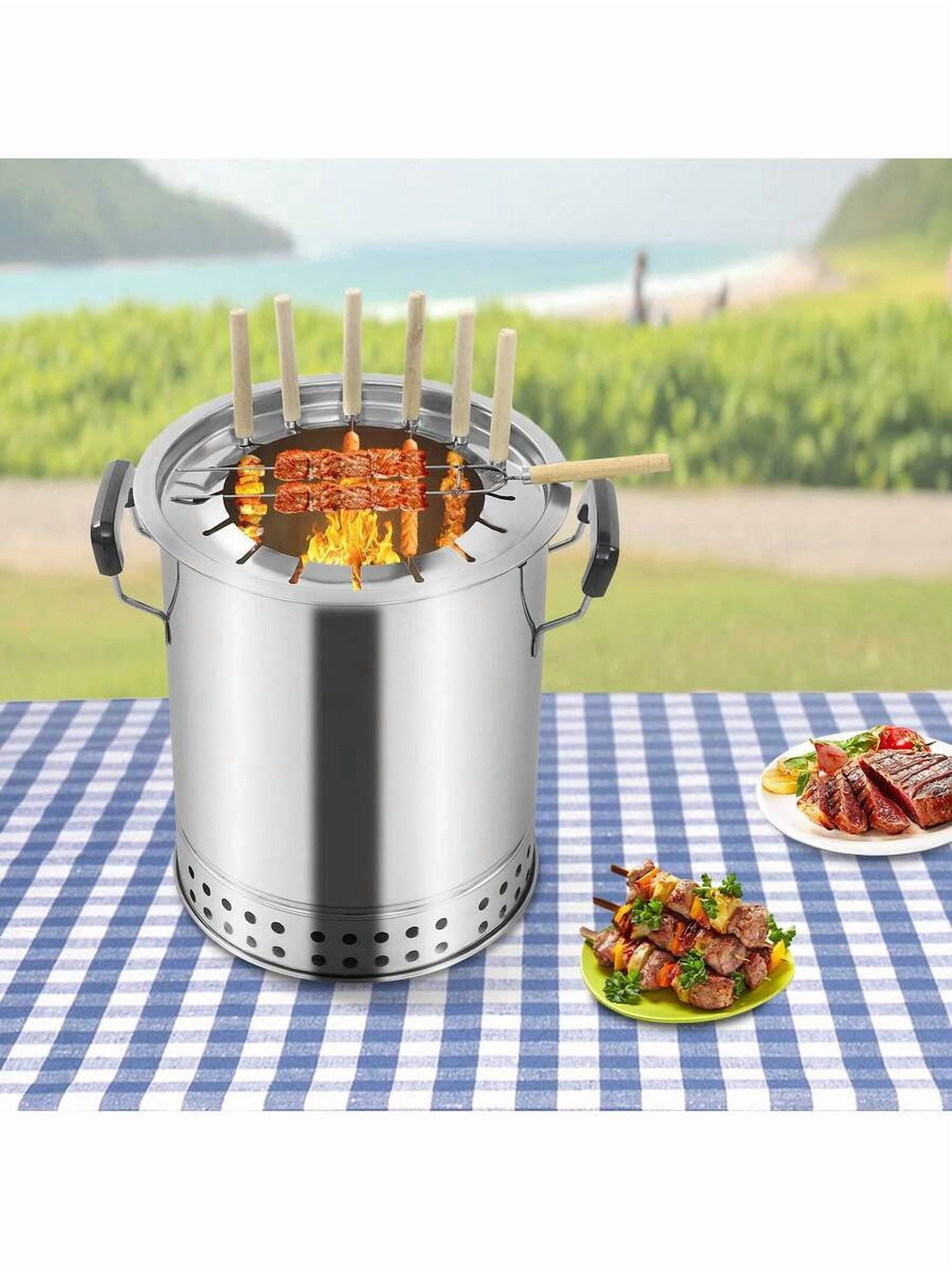 CNCEST Portable Small Smokeless Barbecue Charcoal Barrel Grill Stainless Steel Kebabs Charcoal Grill Surround Roasting Oven And Barbecue Grill For Travel, Outdoor Cooking And BBQ (16 Skewers)