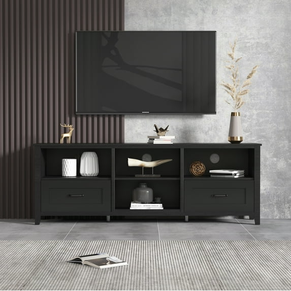 CNCJ 70.08 Inch Length Black TV Stand for Living Room and Bedroom, with 2 Drawers and 4 High-Capacity Storage Compartment.