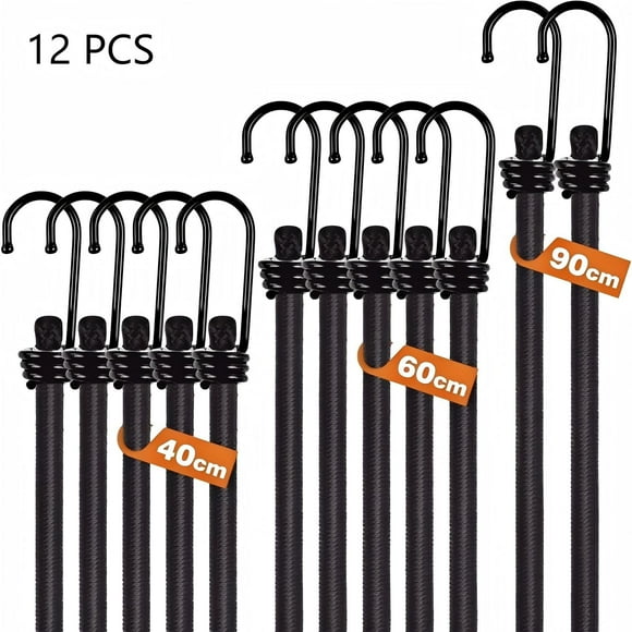 CNDRLEF Heavy Duty Bungee Cords with Hooks, 12-Pack 8mm Thick Elastic Cords, Multi-Size (5x15.7", 5x23.6", 2x35.4"), for Tarp, Camping, Luggage, Storage