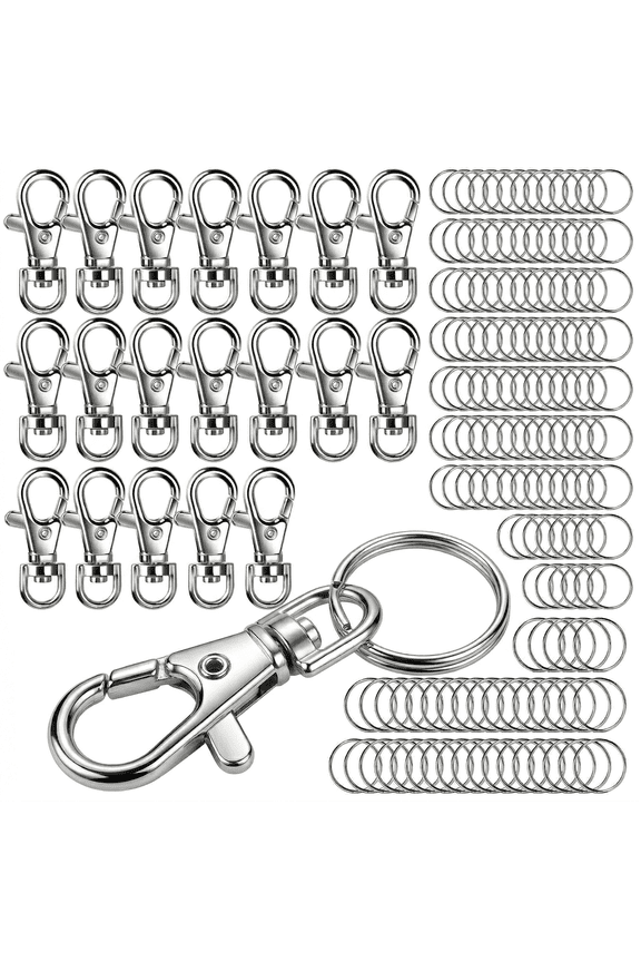 120PCS Swivel Snap Hooks with Key Rings, 35mm Lobster Claw Clasps and 25mm Split Rings for Keychains, Lanyards, Badges, DIY Crafts, Silver