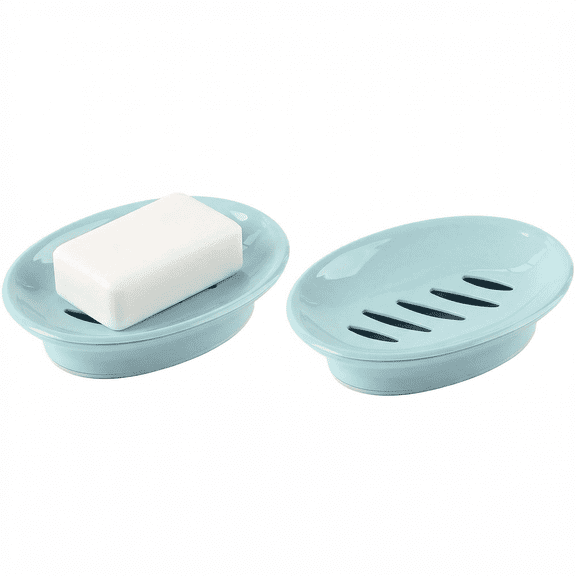 CNDRLEF 2 Pack Soap Dish with Drain, Double Layer Soap Holder, Easy Clean Plastic Soap Saver Tray for Bathroom, Shower, Kitchen Sink, Blue