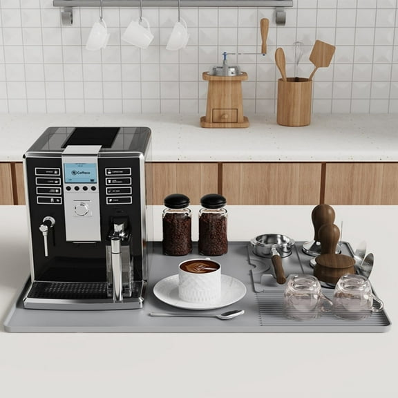 CNDRLEF Silicone Coffee Bar Mat with Drain Outlet, 23.6 x 15.7 in, Detachable Tamping Mat, Non-Slip Countertop Protector, Gray