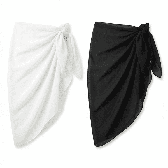 CNDRLEF 2PCS Women Beach Sarong Cover Ups, Sheer Chiffon Bikini Wrap Skirt, Lightweight Swimsuit Cover Up, Black & White, 20 x 71 in