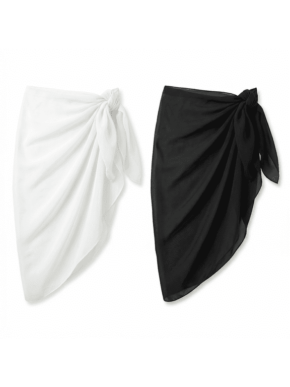 2PCS Women Beach Sarong Cover Ups, Sheer Chiffon Bikini Wrap Skirt, Lightweight Swimsuit Cover Up, Black & White, 20 x 71 in