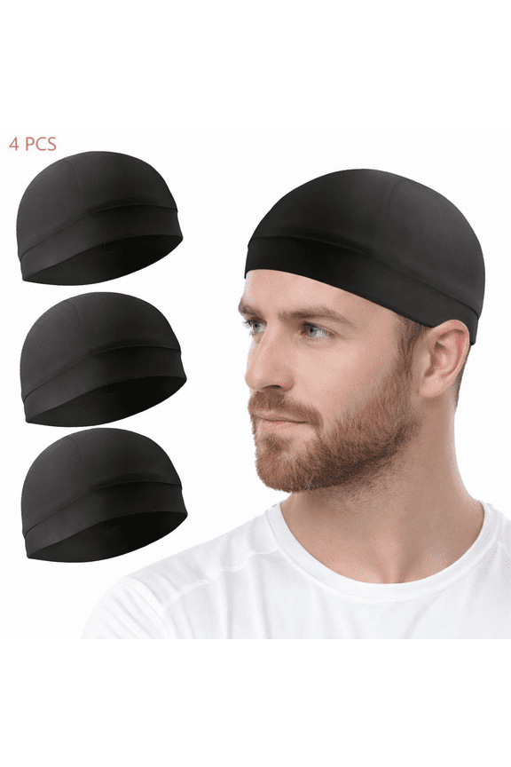 4-Pack Moisture-Wicking Skull Cap Helmet Liner, Breathable Under-Helmet Beanie, One Size Fits Most, Black