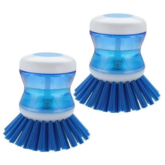 CNDRLEF Soap Dispensing Palm Dish Brush, 2-Pack (Blue), Refillable Dish Scrub Brush for Pots, Pans & Sink, Stiff Bristles, 3.5 in