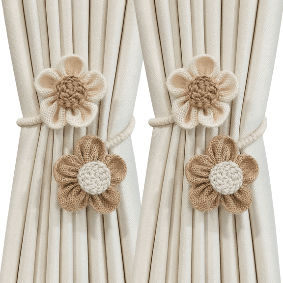 CNDRLEF Flower Curtain Tiebacks, 2 Pack Boho Curtain Holdbacks for Curtains, Decorative Rope Tie Backs, Beige & Khaki, Bedroom Living Room